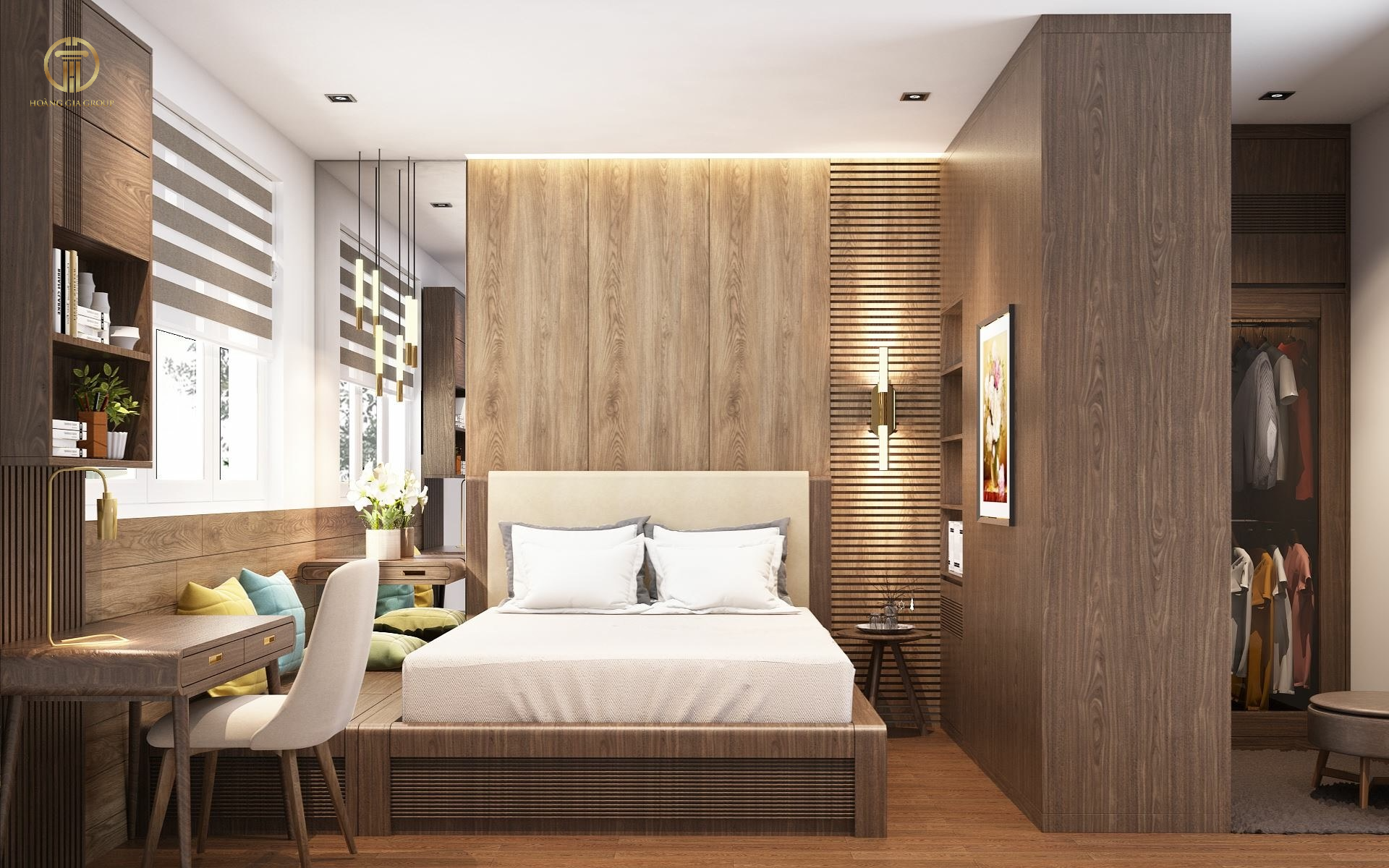 Mẫu phòng ngủ 3x3m với đồ nội thất gỗ sang trọng