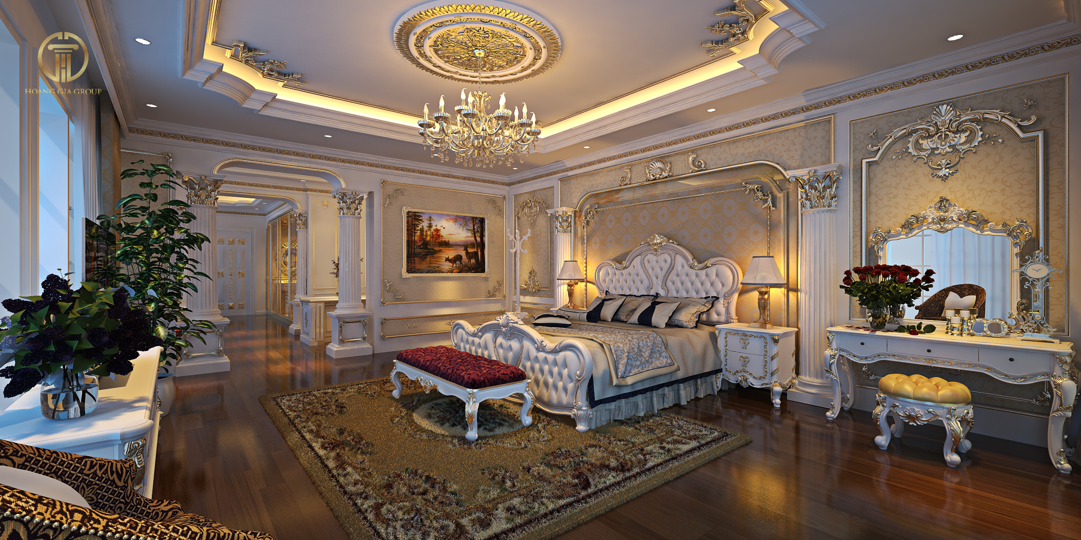 Mẫu phòng ngủ tân cổ điển với diện tích rộng cùng thiết kế cầu kỳ, sang trọng