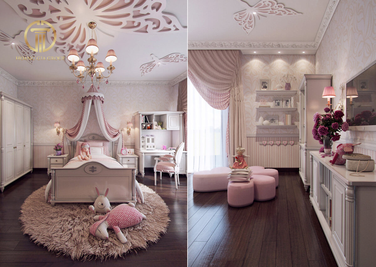 Mẫu thiết kế phòng ngủ tân cổ điển với tone màu hồng đất nữ tính cho các bé gái