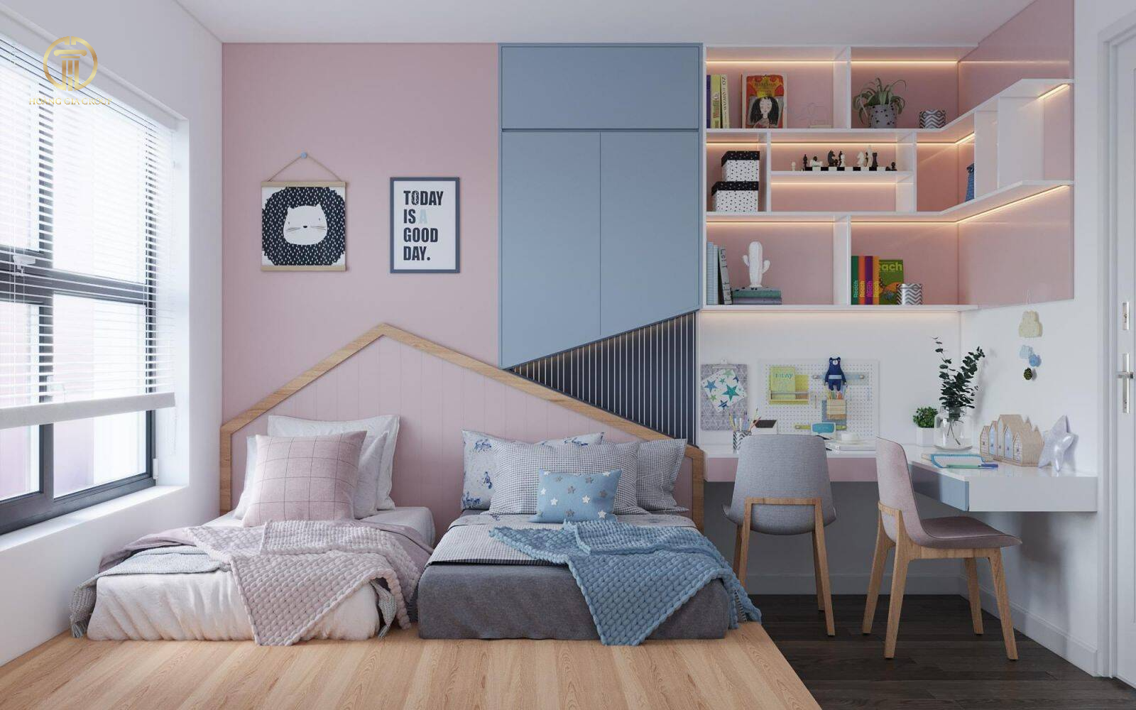 Phòng ngủ gần ban công với sự kết hợp của các gam màu pastel