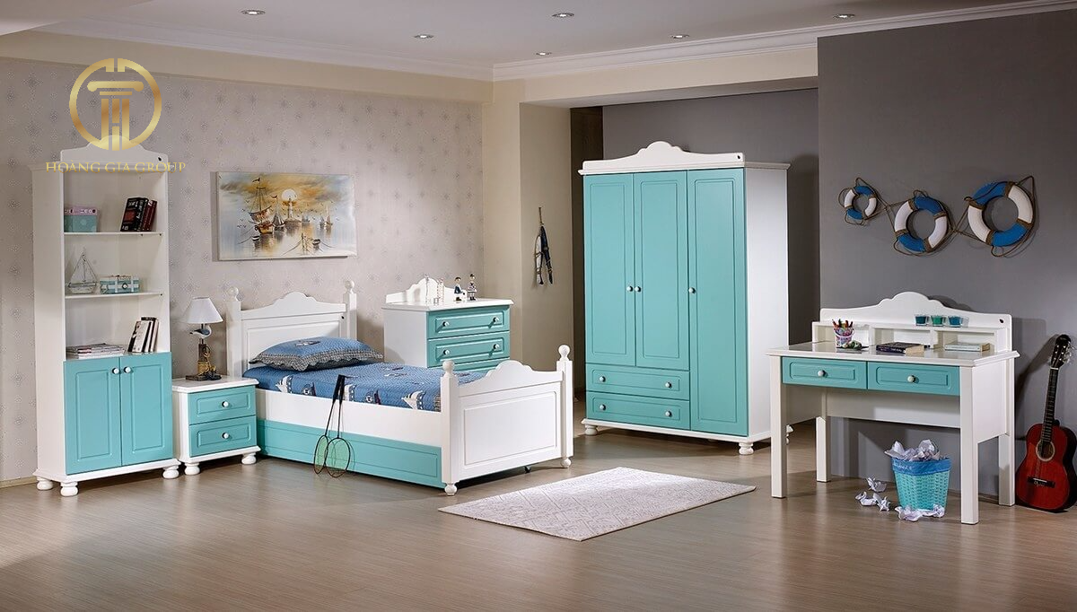 Phòng ngủ tân cổ điển cho các bé trai với tone màu xanh dương trang nhã