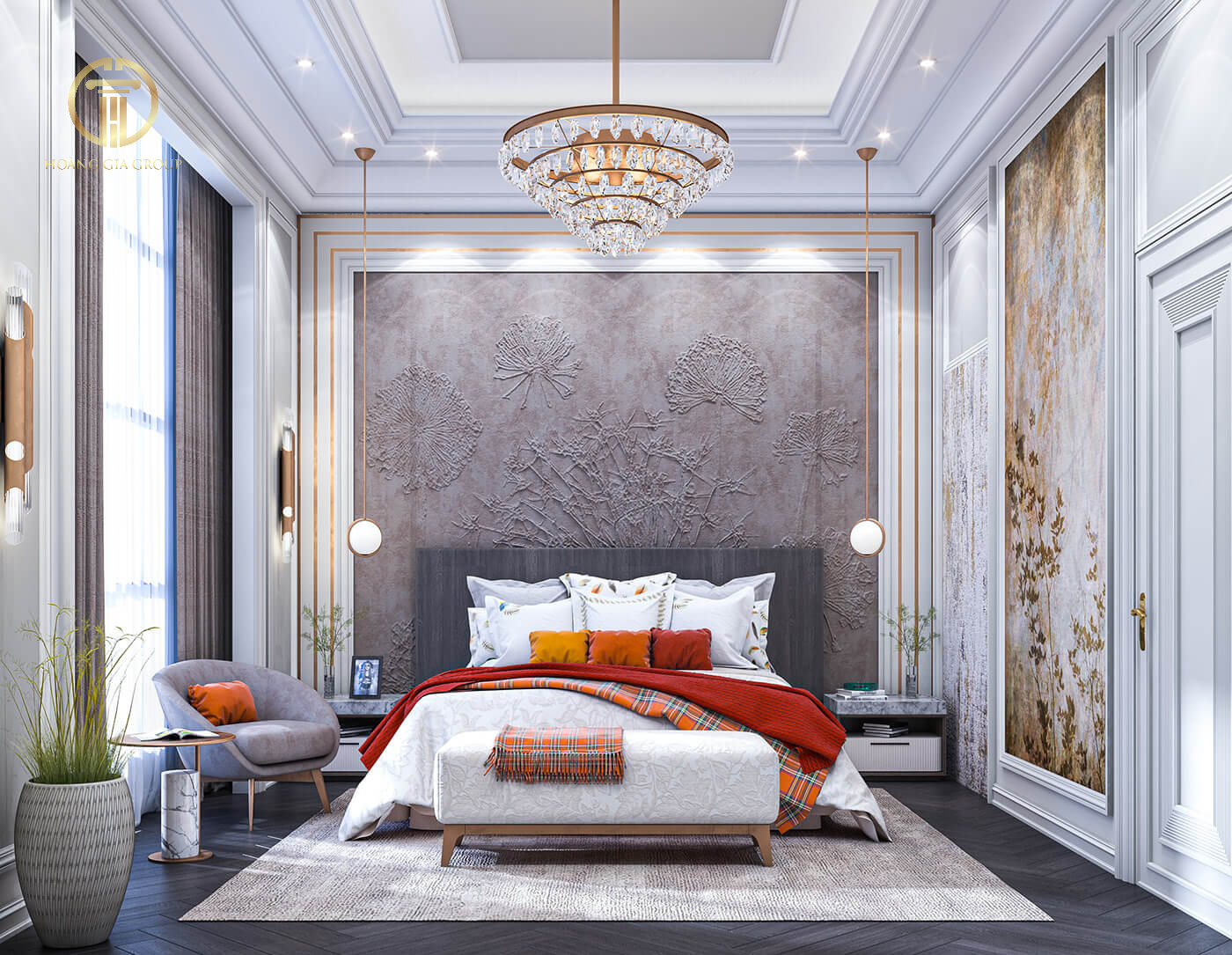 Sự sáng tạo trong thiết kế phòng ngủ tân cổ điển với điểm nhấn màu cam và hoạ tiết caro nổi bật