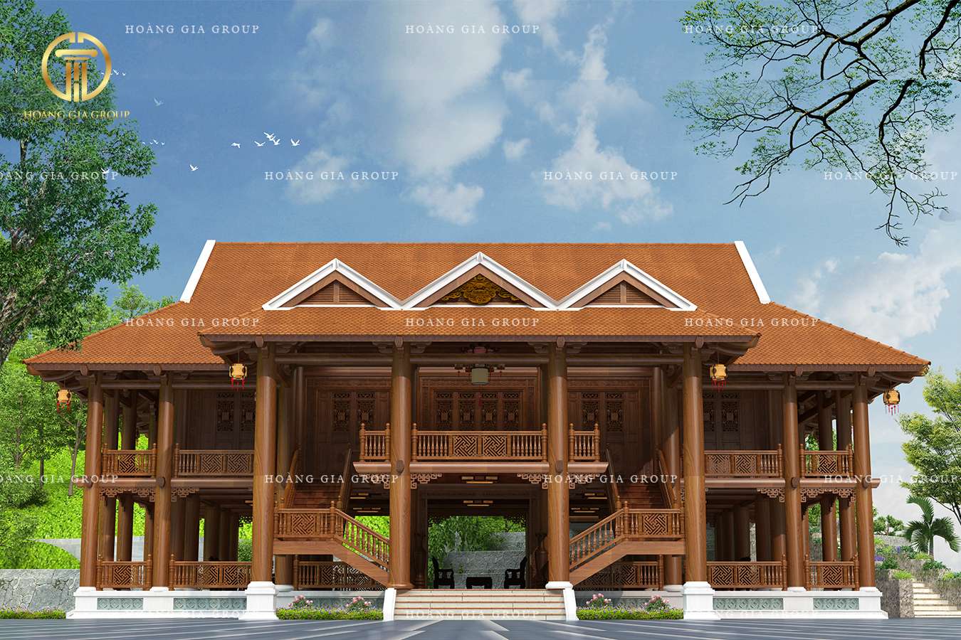 Phân tích nét đẹp hiện đại và bản sắc trong mẫu nhà sàn bê tông 2 tầng giả  gỗ 200m2 BT3230622 - Kiến trúc Angcovat