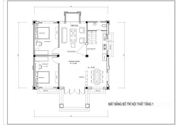 Bản vẽ biệt thự 2 tầng mái thái 5 phòng ngủ tầng 1