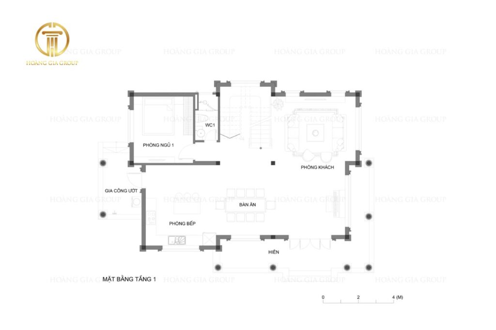 Bản thiết kế sơ bộ tầng 1 của biệt thự mini 2 tầng 